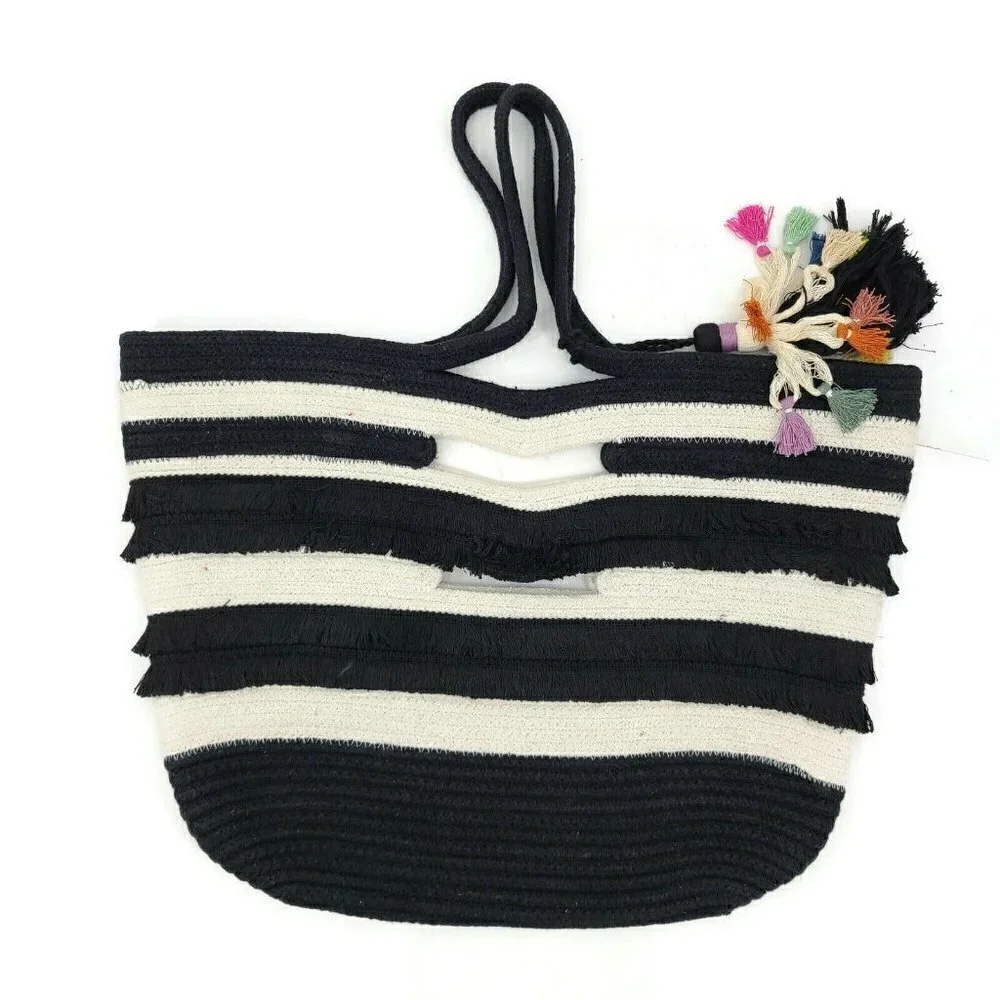 New Stella & Dot Taj Large Tote Bag Black Cream White Stripe Tassel Purse